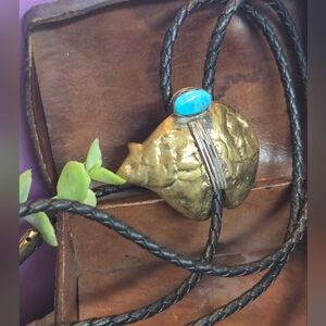 Vintage Genuine Turquoise Navajo Bear Bolo Tie